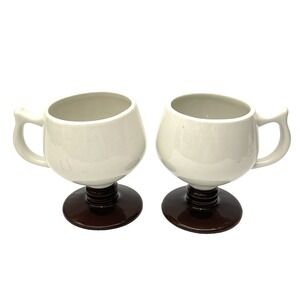 Vintage 1970s Hall Pottery #2274Made in USA Brown Pedestal White Mugs  Set Of 2